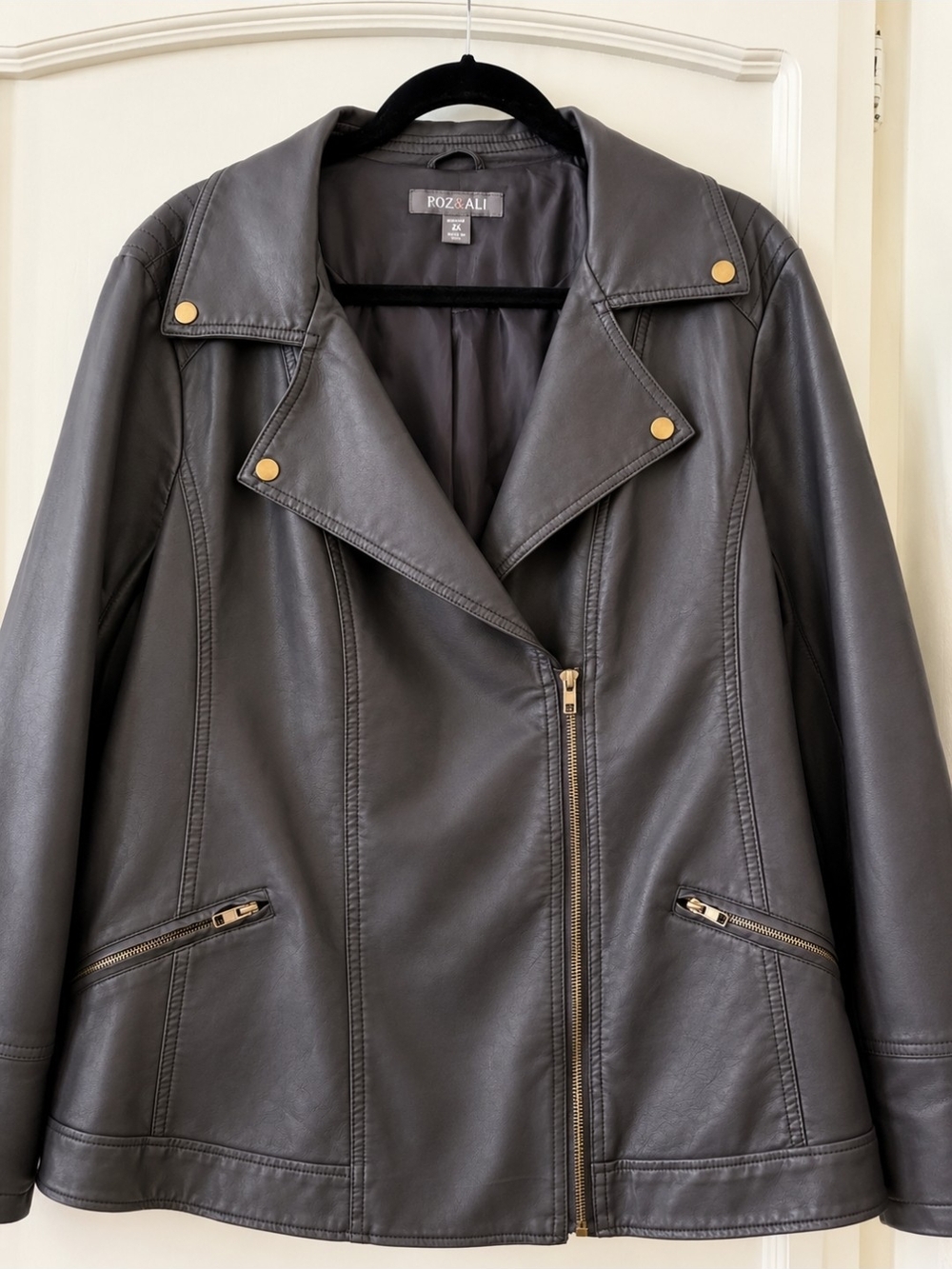 Roz & Ali Espresso Brown Moto Jacket 3x
